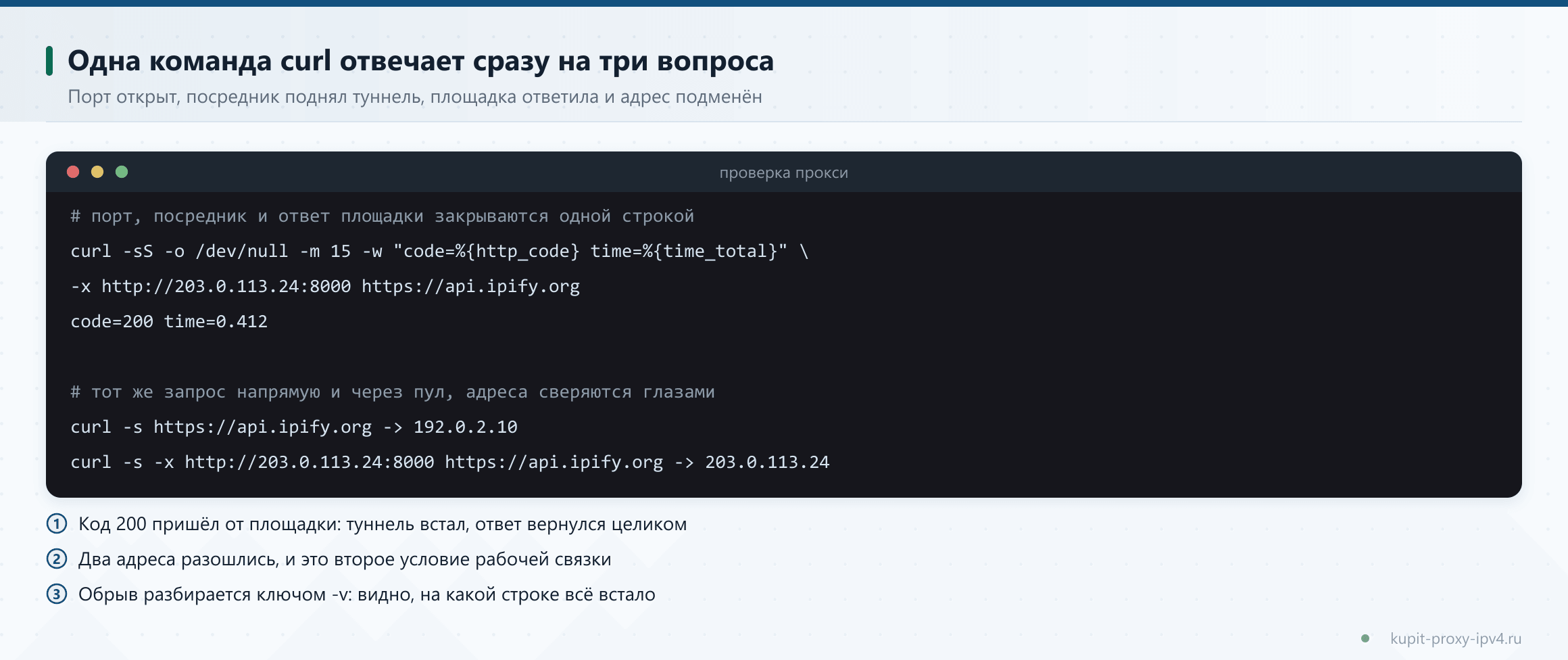 Одна команда curl отвечает сразу на три вопроса. Порт открыт, посредник поднял туннель, площадка ответила и адрес подменён, разбор темы «Как проверить прокси: команды, браузер и разбор ответов»