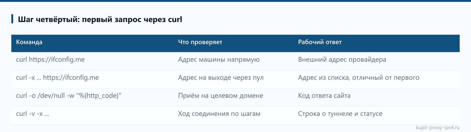 Шаг четвёртый: первый запрос через curl, страница «Первое подключение прокси IPv4: от включённого пакета до рабочего запроса»